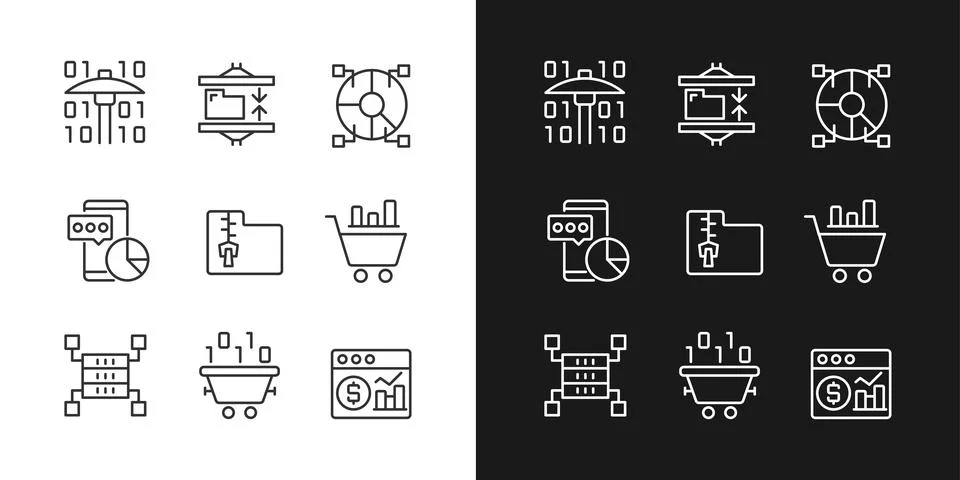 Data mining processes linear pixel perfect icons set for dark and light mode Stock Illustration