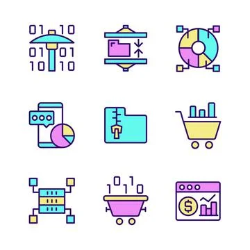 Data mining processes RGB color pixel perfect icons set Illustrazione stock