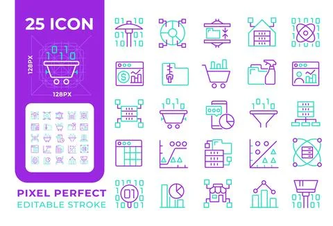Data mining related two color line icons set Stock Illustration