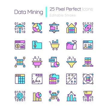 Data mining RGB color pixel perfect icons set Stock Illustration