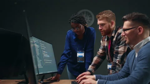 Data mining specialist and programmers creating artificial intelligence project Stock Footage 233726568