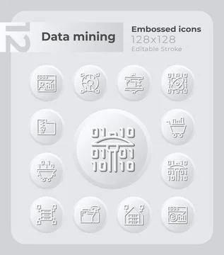 Data mining techniques embossed icons set Stock Illustration