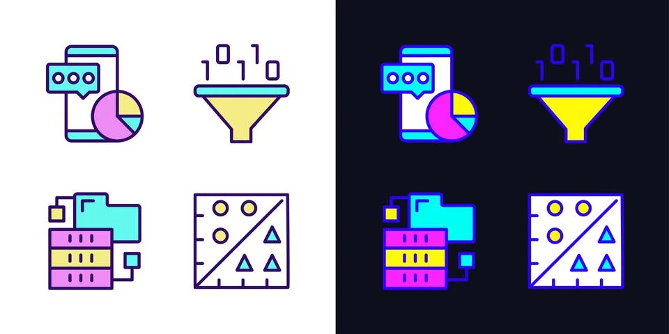 Data mining tools light and dark theme RGB color pixel perfect icons set Illustrazione stock