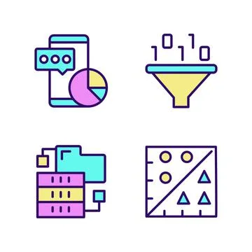 Data mining tools RGB color pixel perfect icons set Stock Illustration
