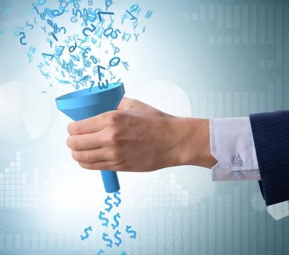 Data monetization concept with funnel and businessman Stock Photos