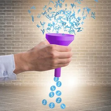 Data monetization concept with funnel and businessman Stock Photos