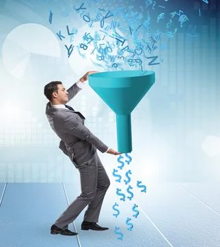 Data monetization concept with funnel and businessman Stock Photos