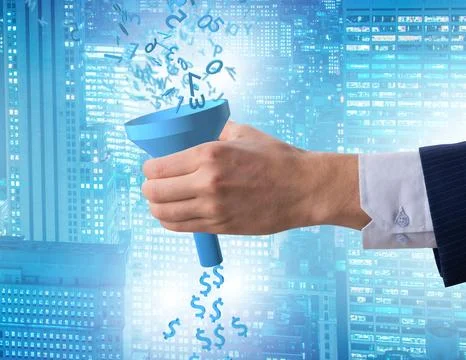Data monetization concept with funnel and businessman Stock Photos