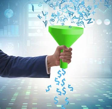 Data monetization concept with funnel and businessman Stock Photos