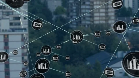 Data net overlay appearing over blurred city, single node changing to bar-chart Stock Footage 329836778