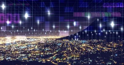 Data, network and digital with city at night for connection, cyber and cloud Stock Photos