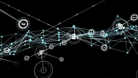 Data network band receiving data pulse, lighting cyan nodes, growing HUD icons Stock Footage 332577631