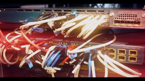 Data Network Center Two Switch -Networking Ethernet Cables With Lights Blinking Stock Footage 97876469
