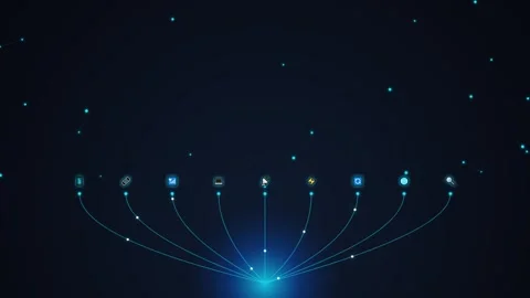 Data network connecting abstract icons on dark blue digital technology back.. 库存影片 348228784