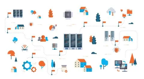 Data network flowchart server map isometric cloud storage synchronization Stock Illustration