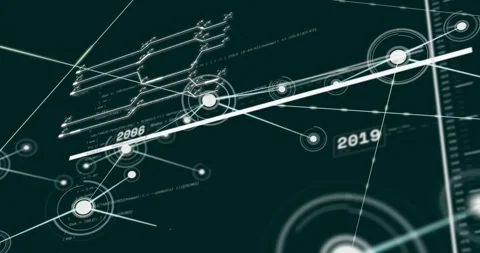 Data network graph showing multiyear trends on teal HUD trendline, updating Stock Footage 334115360