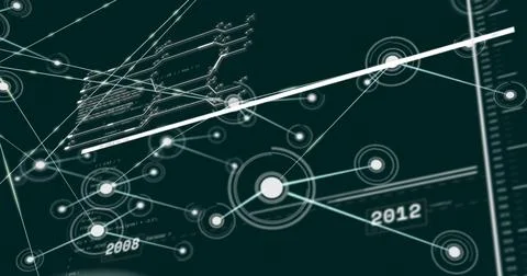 Data network graph showing multiyear trends on teal HUD trendline, updating Stock Illustration