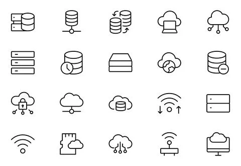 Data Network line icon set. data cloud analysis technology symbol. Containi.. Stock Illustration