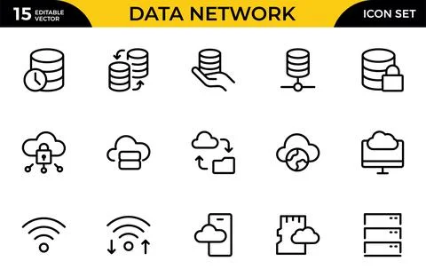 Data Network line icon set. data cloud analysis technology symbol. Containi.. Stock Illustration