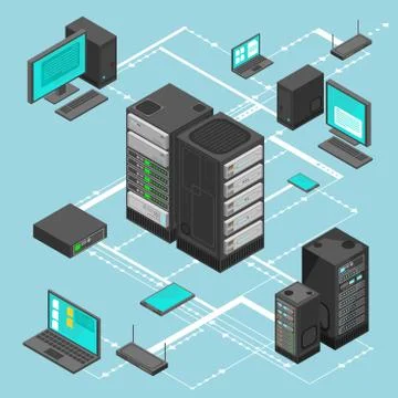 Data network management vector isometric map with business networking servers イラスト素材