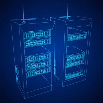 Data network server in cabinet. Diagnostic test in computer room technology Stock Illustration