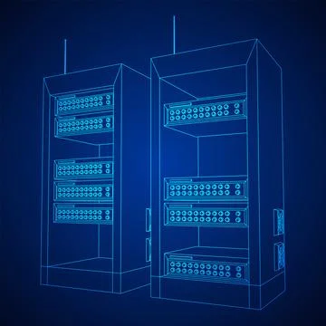 Data network server in cabinet. Diagnostic test in computer room technology Stock Illustration