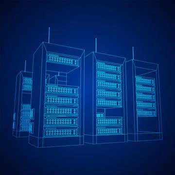Data network server in cabinet. Diagnostic test in computer room technology Illustrazione stock