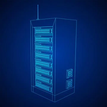 Data network server in cabinet. Diagnostic test in computer room technology Illustrazione stock