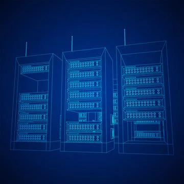 Data network server in cabinet. Diagnostic test in computer room technology Illustrazione stock
