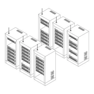 Data network server in cabinet. Diagnostic test in computer room technology Stock Illustration