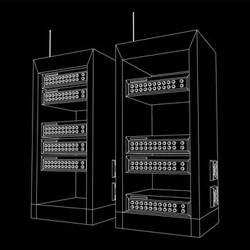 Data network server in cabinet. Diagnostic test in computer room technology Illustrazione stock