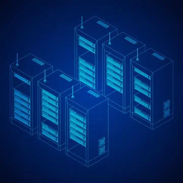 Data network server in cabinet. Diagnostic test in computer room technology Stock Illustration