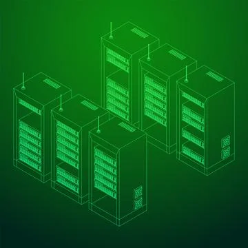 Data network server in cabinet. Diagnostic test in computer room technology Illustrazione stock