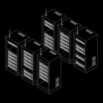 Data network server in cabinet. Diagnostic test in computer room technology Illustrazione stock