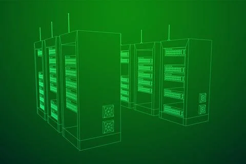 Data network server in cabinet. Diagnostic test in computer room technology Illustrazione stock