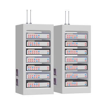 Data network server in cabinet. Diagnostic test in computer room technology Illustrazione stock
