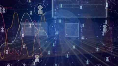 Data network starting with circled users forming globe emitting beams, drawing Stock Footage 335211487