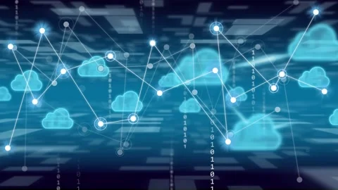 Data network starting left node cluster, nodes glowing, lines linking, clouds Stock Footage 334337716