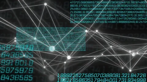 Data network unfolding when teal digits sliding in nodes pulsing, links Stock Footage 334337554