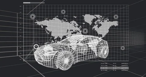 Data node materializing starting graph rising and oscillating over wireframe car Stock Footage 312757530