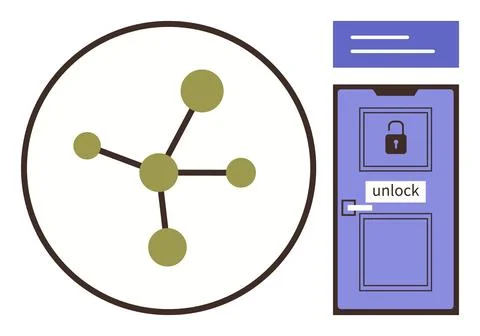 Data Node Network Unlocking Concept with Connected Nodes and Digital Door Lock Stock Illustration