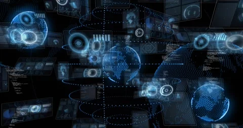 Data opening, center blue dotted globe rotating while panels appearing, code Stock Footage 320725213