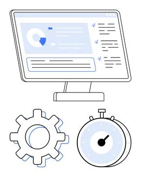 Data Optimization Process Concept with Monitor, Gear, and Stopwatch Symbols Ilustración de archivo
