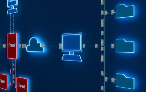  Data or file transfer, internet, firewall, cloud computing, spam filter, ... Stockfoto's