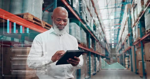 Data, overlay and tablet with black man in warehouse for inventory, stock or Stock Footage 319739538