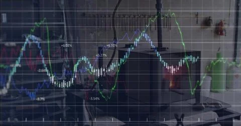 Data overlay animating from left, building multi-line graph over workshop stove Stock Photos