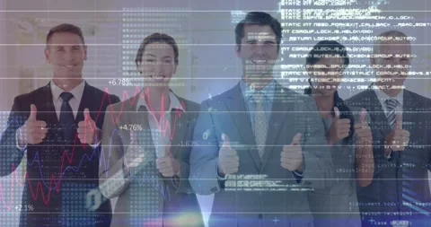 Data overlay animating over team, business team moving into double thumbs-up, Stock Footage 331570942