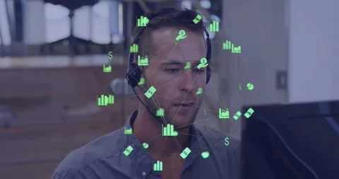 Data overlay appearing, headset agent listening, speaking and adjusting while Stock Footage 331712668