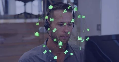 Data overlay appearing, headset agent listening, speaking and adjusting while Stock Photos