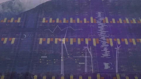 Data overlay appearing layering yellow bars and lines showing wind output while Stock Footage 332566062